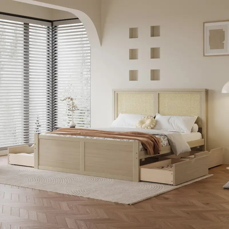 Letto Matrimoniale a Piattaforma Antico in Legno Naturale con 4 Cassetti e Testiera in Rattan
