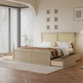 Letto Matrimoniale a Piattaforma Antico in Legno Naturale con 4 Cassetti e Testiera in Rattan