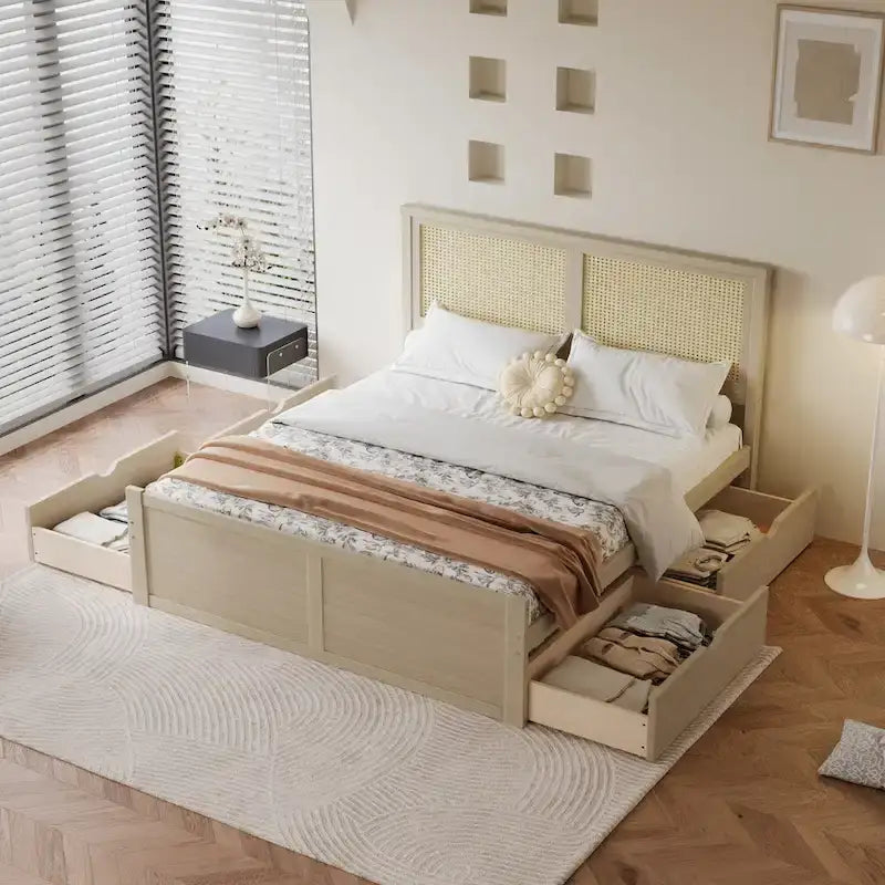 Letto Matrimoniale a Piattaforma Antico in Legno Naturale con 4 Cassetti e Testiera in Rattan