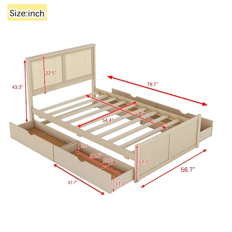 Letto Matrimoniale a Piattaforma Antico in Legno Naturale con 4 Cassetti e Testiera in Rattan