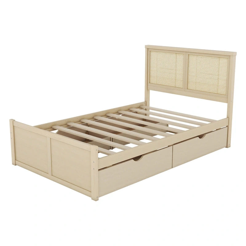 Letto Matrimoniale a Piattaforma Antico in Legno Naturale con 4 Cassetti e Testiera in Rattan
