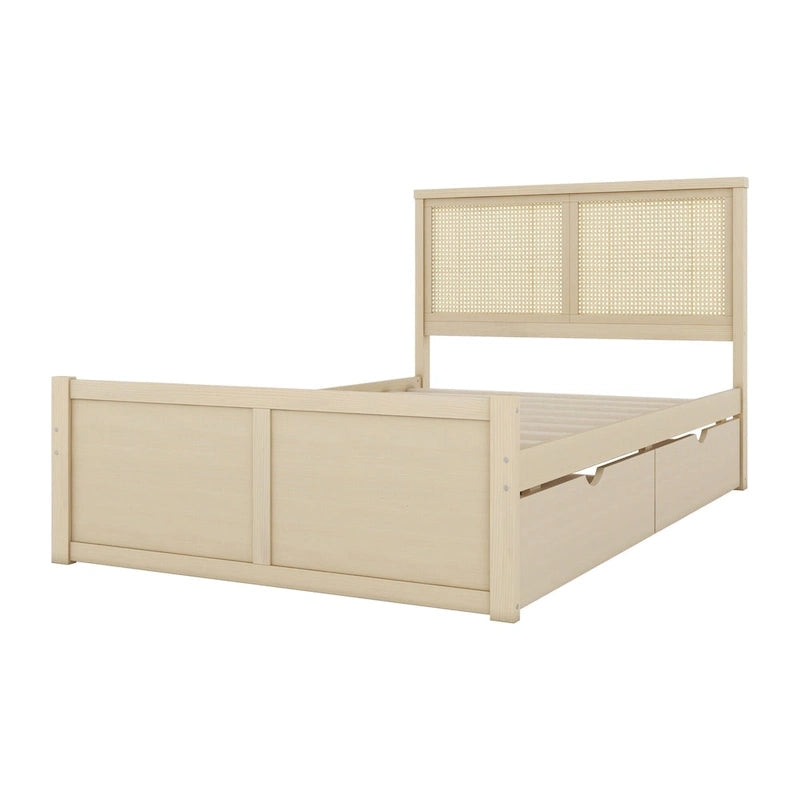 Letto Matrimoniale a Piattaforma Antico in Legno Naturale con 4 Cassetti e Testiera in Rattan