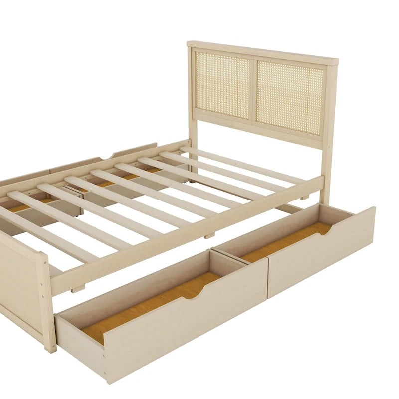 Letto Matrimoniale a Piattaforma Antico in Legno Naturale con 4 Cassetti e Testiera in Rattan