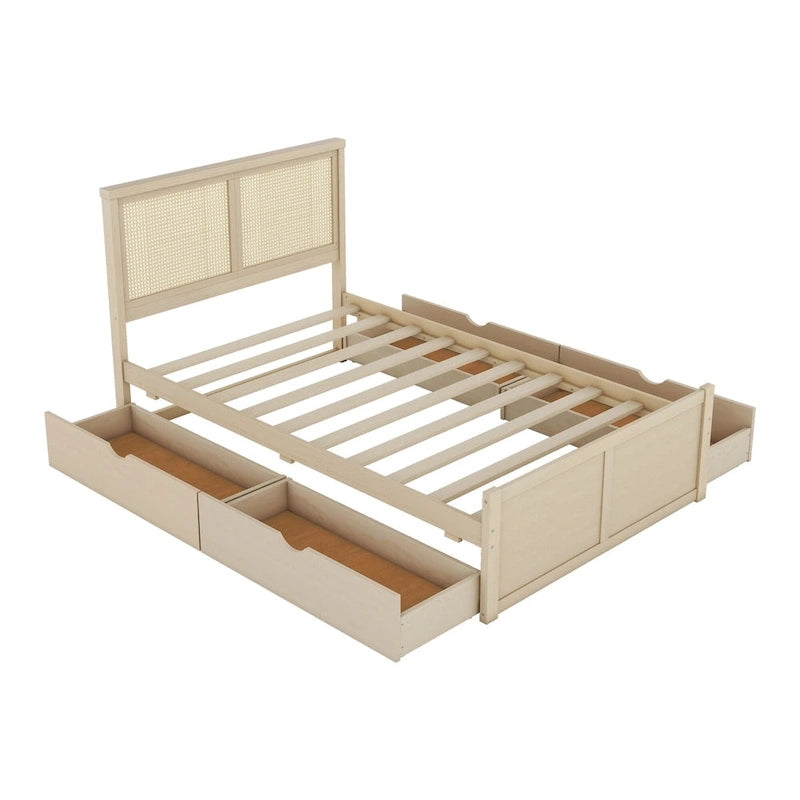 Letto Matrimoniale a Piattaforma Antico in Legno Naturale con 4 Cassetti e Testiera in Rattan