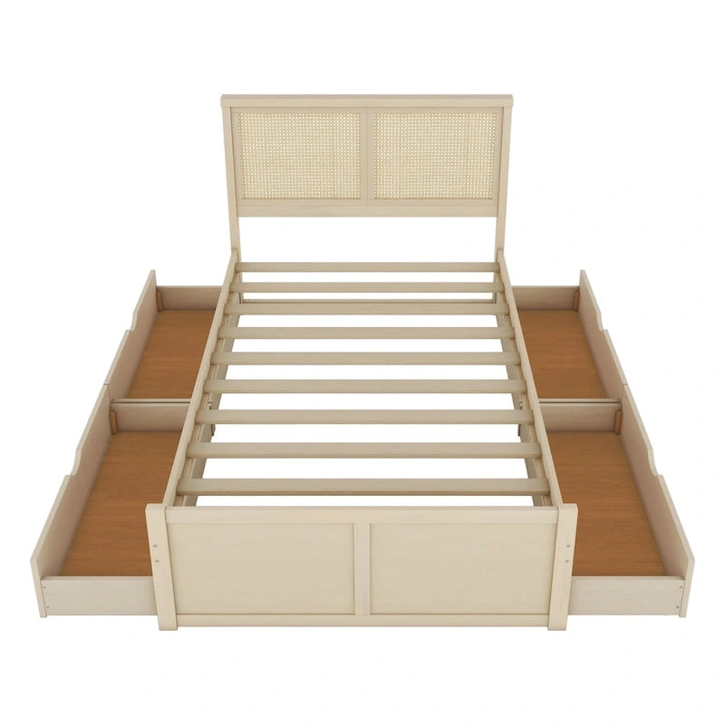 Letto Matrimoniale a Piattaforma Antico in Legno Naturale con 4 Cassetti e Testiera in Rattan