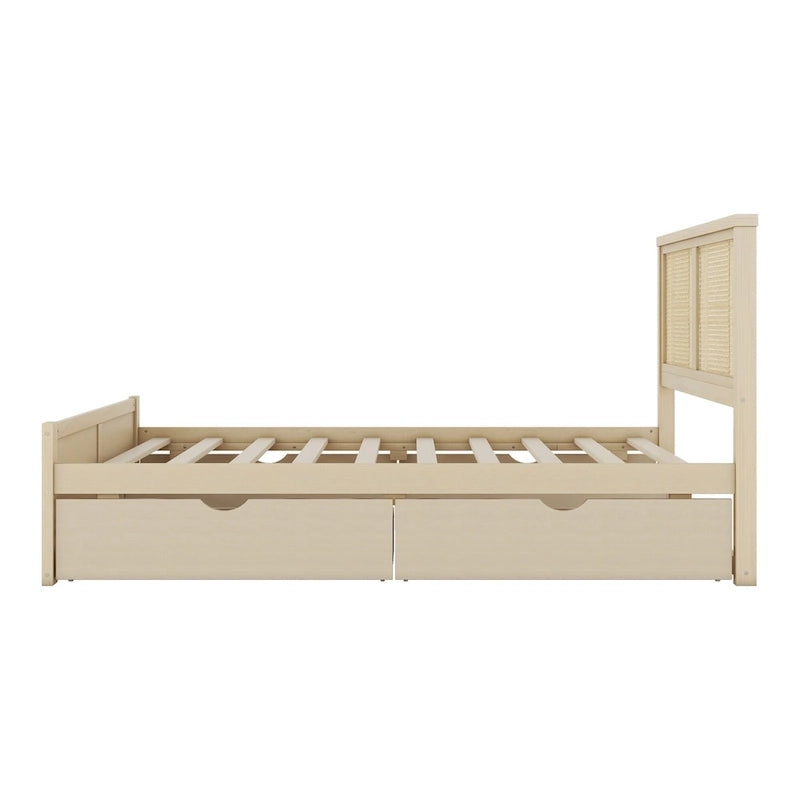 Letto Matrimoniale a Piattaforma Antico in Legno Naturale con 4 Cassetti e Testiera in Rattan