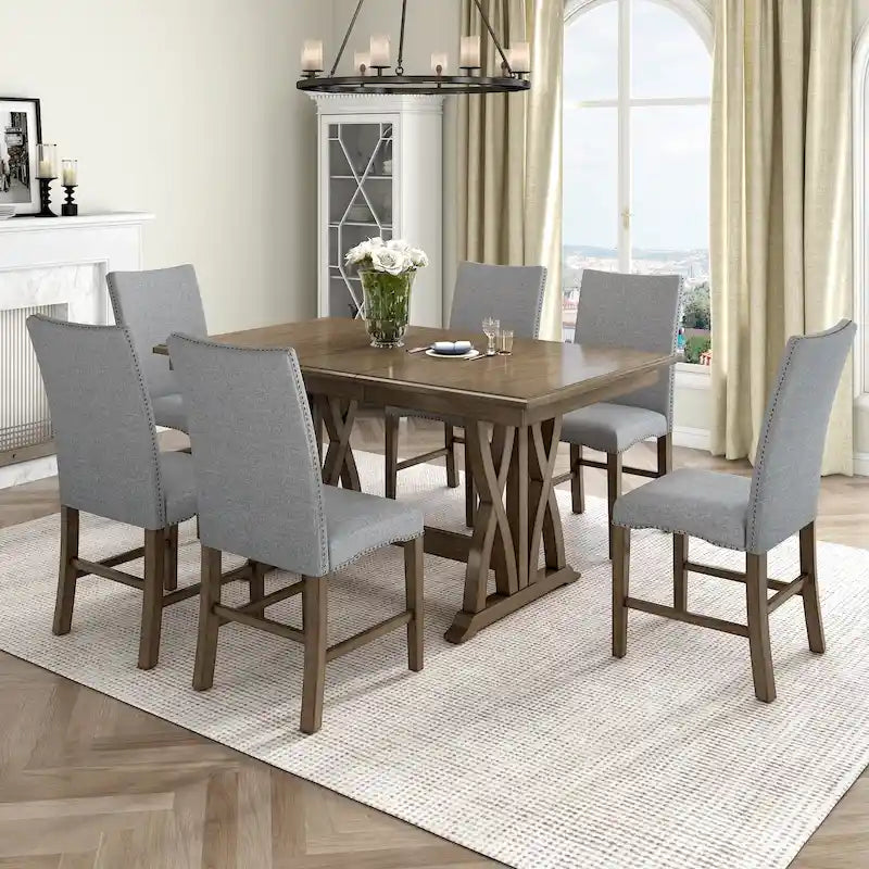 Set da pranzo in legno di 7 pezzi con tavolo allungabile e 6 sedie