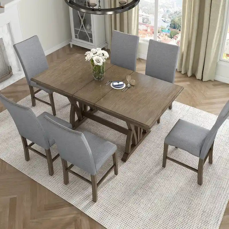 Set da pranzo in legno di 7 pezzi con tavolo allungabile e 6 sedie