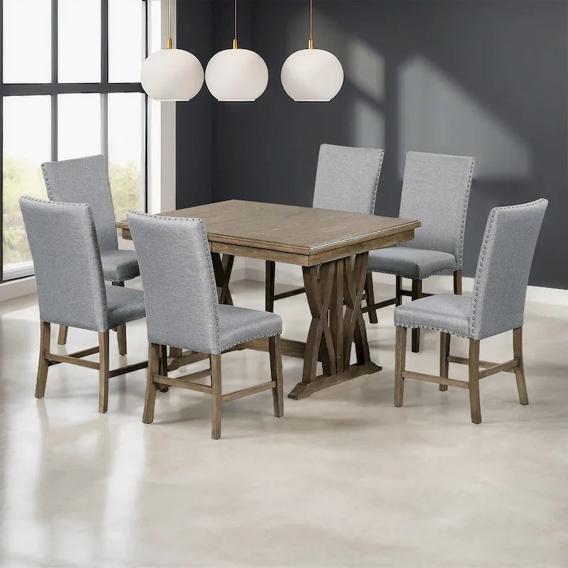 Set da pranzo in legno di 7 pezzi con tavolo allungabile e 6 sedie
