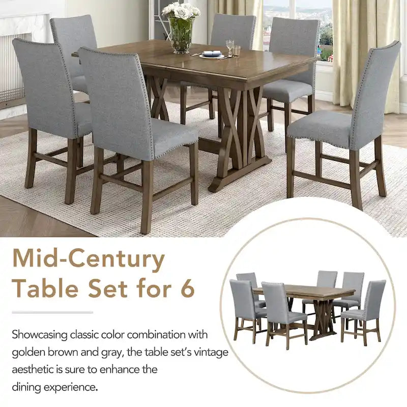 Set da pranzo in legno di 7 pezzi con tavolo allungabile e 6 sedie