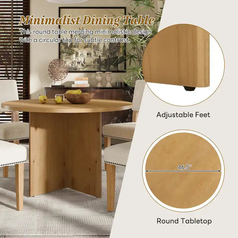 Set da pranzo da 5 pezzi in stile rustico con tavolo rotondo in legno e 4 sedie imbottite in tessuto effetto pelliccia di agnello
