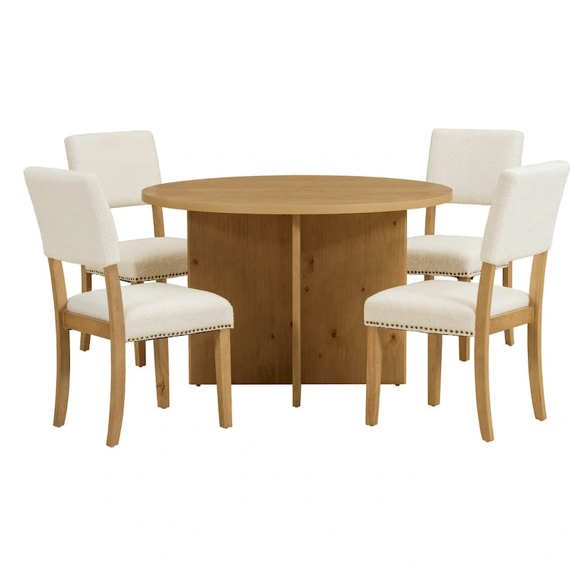Set da pranzo da 5 pezzi in stile rustico con tavolo rotondo in legno e 4 sedie imbottite in tessuto effetto pelliccia di agnello