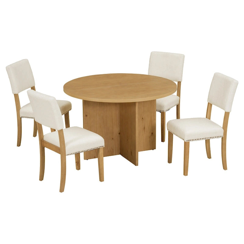 Set da pranzo da 5 pezzi in stile rustico con tavolo rotondo in legno e 4 sedie imbottite in tessuto effetto pelliccia di agnello