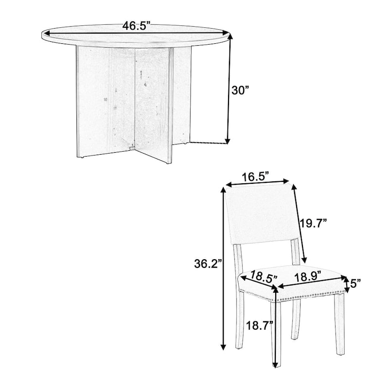 Set da pranzo da 5 pezzi in stile rustico con tavolo rotondo in legno e 4 sedie imbottite in tessuto effetto pelliccia di agnello