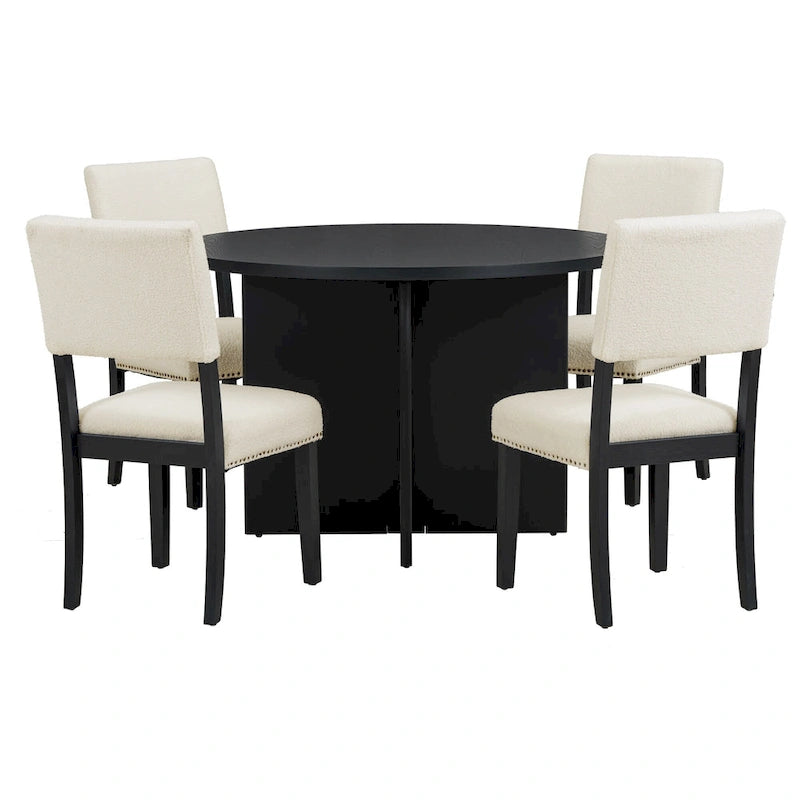 Set da pranzo da 5 pezzi in stile rustico con tavolo rotondo in legno e 4 sedie imbottite in tessuto effetto pelliccia di agnello
