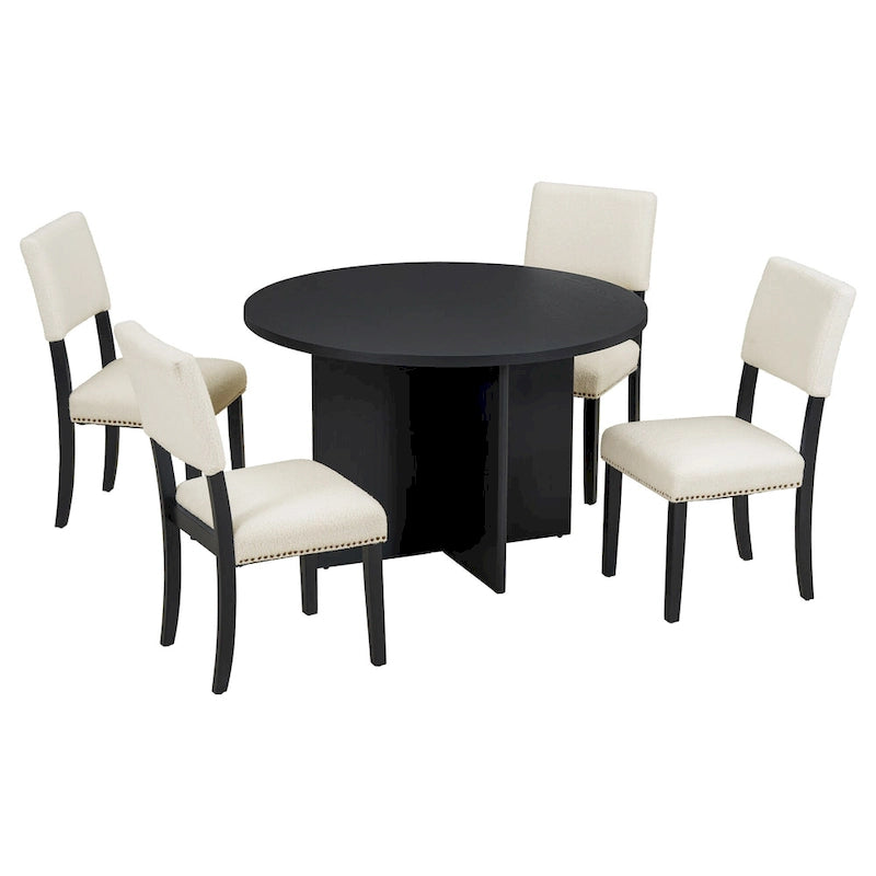 Set da pranzo da 5 pezzi in stile rustico con tavolo rotondo in legno e 4 sedie imbottite in tessuto effetto pelliccia di agnello