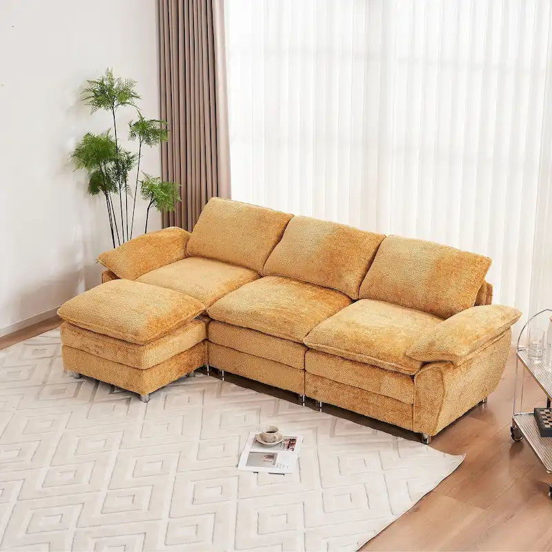 Divano componibile a L in ciniglia giallo 101,6 con pouf
