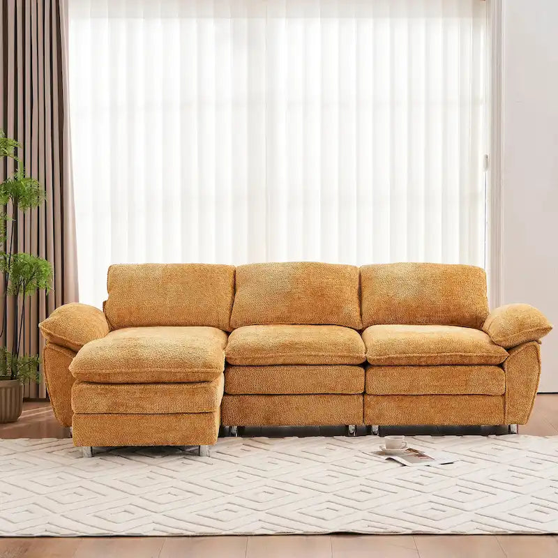 Divano componibile a L in ciniglia giallo 101,6 con pouf