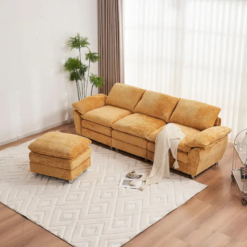 Divano componibile a L in ciniglia giallo 101,6 con pouf