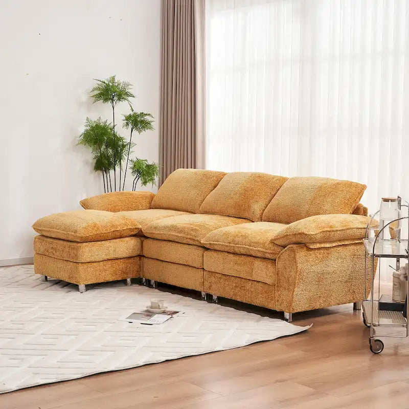 Divano componibile a L in ciniglia giallo 101,6 con pouf