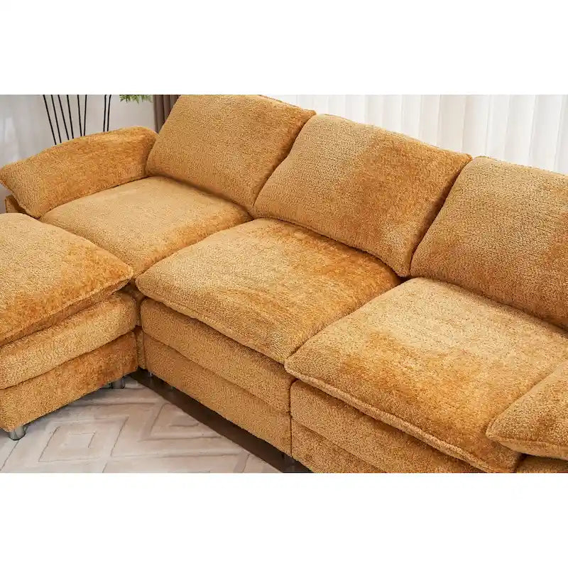 Divano componibile a L in ciniglia giallo 101,6 con pouf