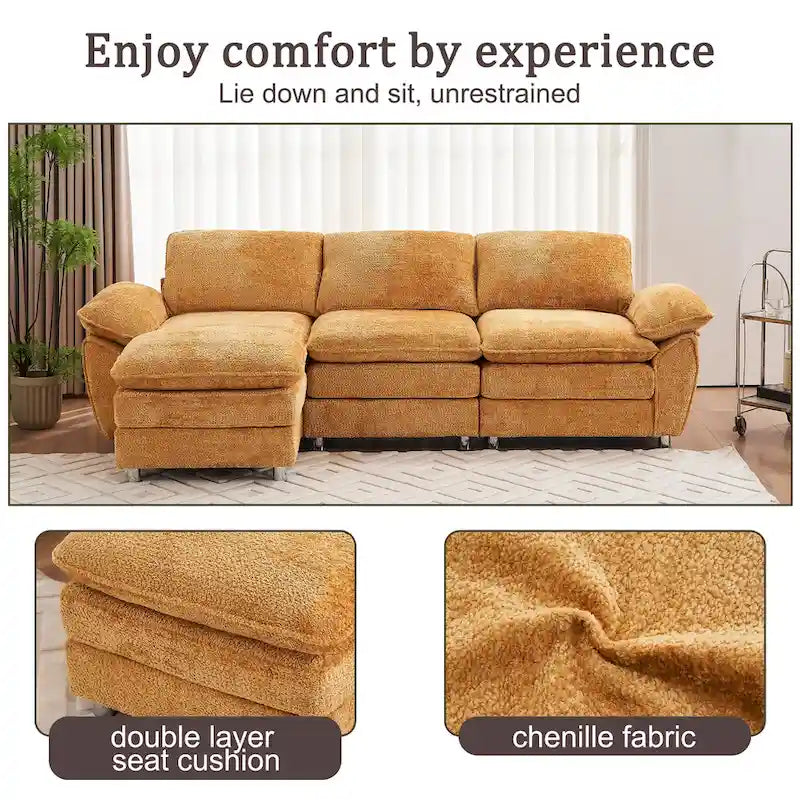 Divano componibile a L in ciniglia giallo 101,6 con pouf