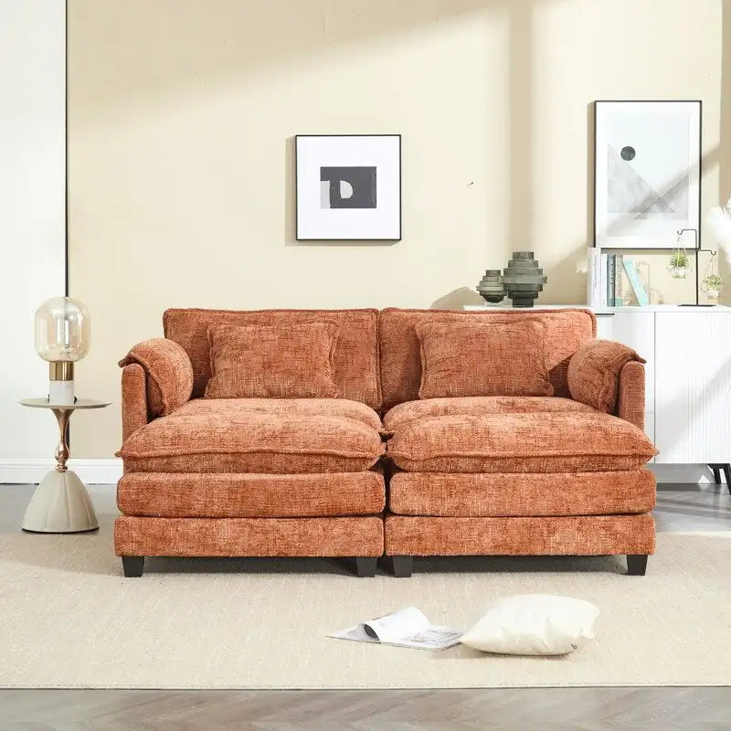 Divano imbottito in ciniglia da 76.77" con 2 pouf