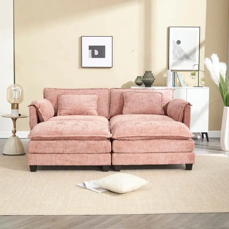 Divano imbottito in ciniglia da 76.77" con 2 pouf