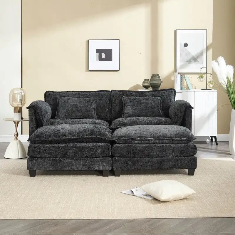 Divano imbottito in ciniglia da 76.77" con 2 pouf