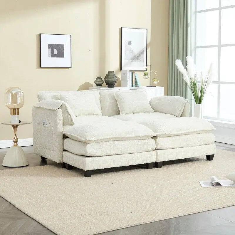 Divano imbottito in ciniglia da 76.77" con 2 pouf