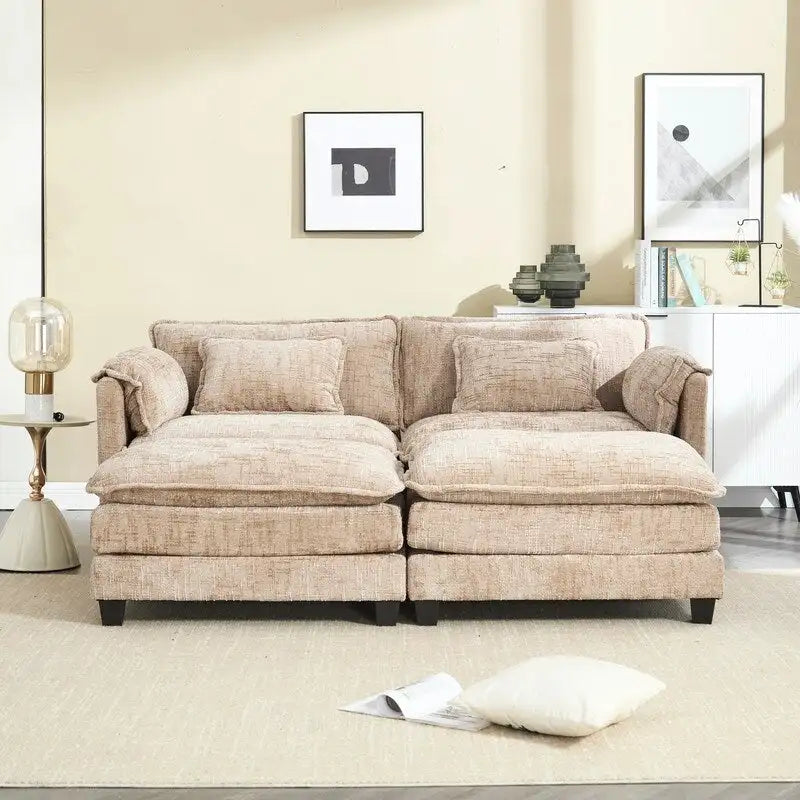 Divano imbottito in ciniglia da 76.77" con 2 pouf