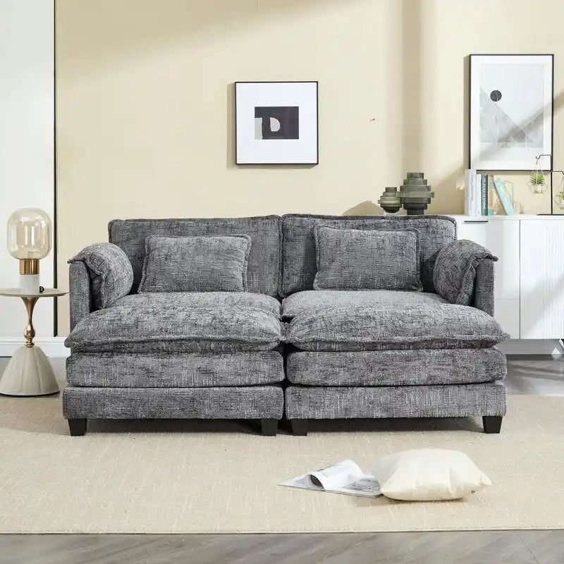 Divano imbottito in ciniglia da 76.77" con 2 pouf