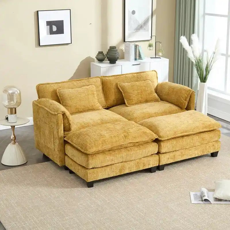 Divano imbottito in ciniglia da 76.77" con 2 pouf