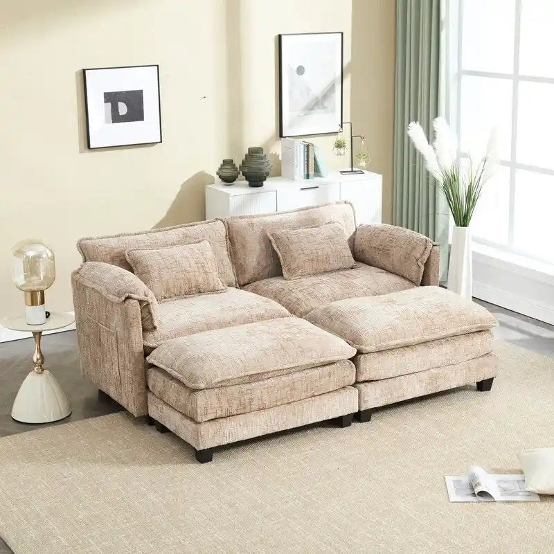 Divano imbottito in ciniglia da 76.77" con 2 pouf