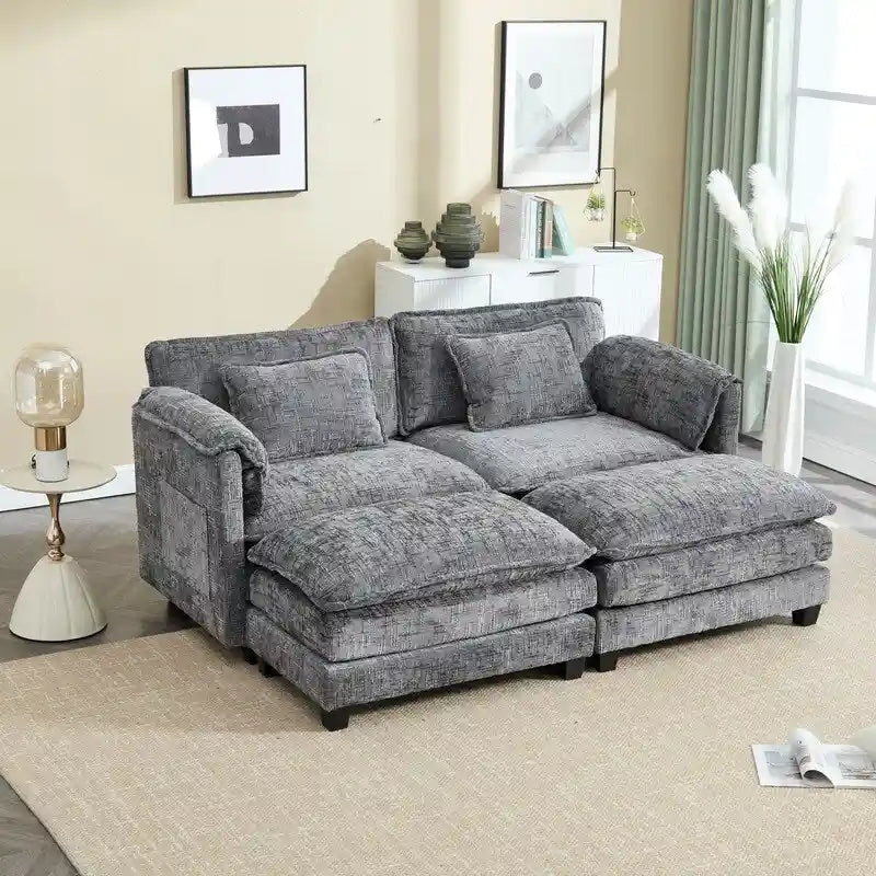 Divano imbottito in ciniglia da 76.77" con 2 pouf