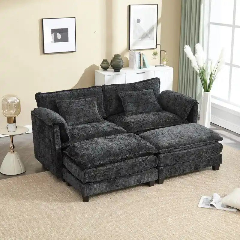 Divano imbottito in ciniglia da 76.77" con 2 pouf
