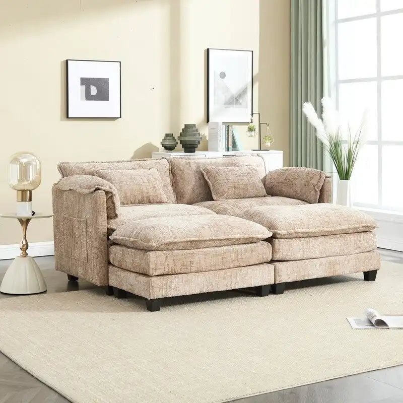 Divano imbottito in ciniglia da 76.77" con 2 pouf
