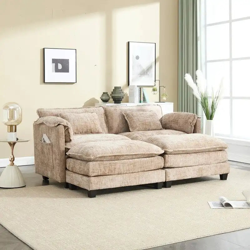 Divano imbottito in ciniglia da 76.77" con 2 pouf