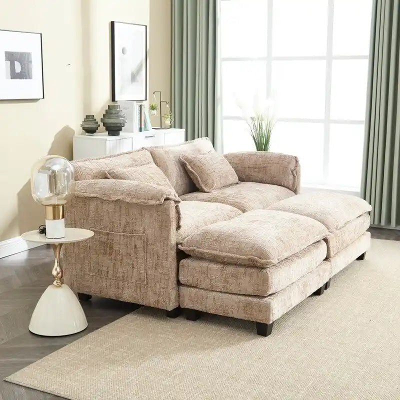 Divano imbottito in ciniglia da 76.77" con 2 pouf