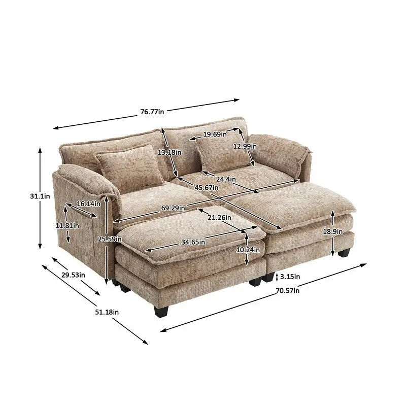 Divano imbottito in ciniglia da 76.77" con 2 pouf