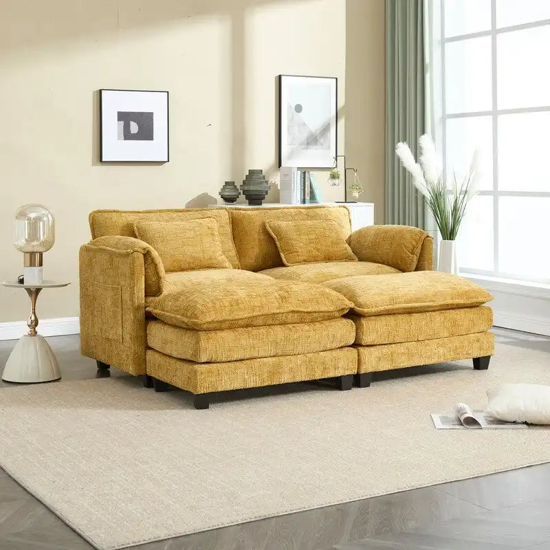 Divano imbottito in ciniglia da 76.77" con 2 pouf