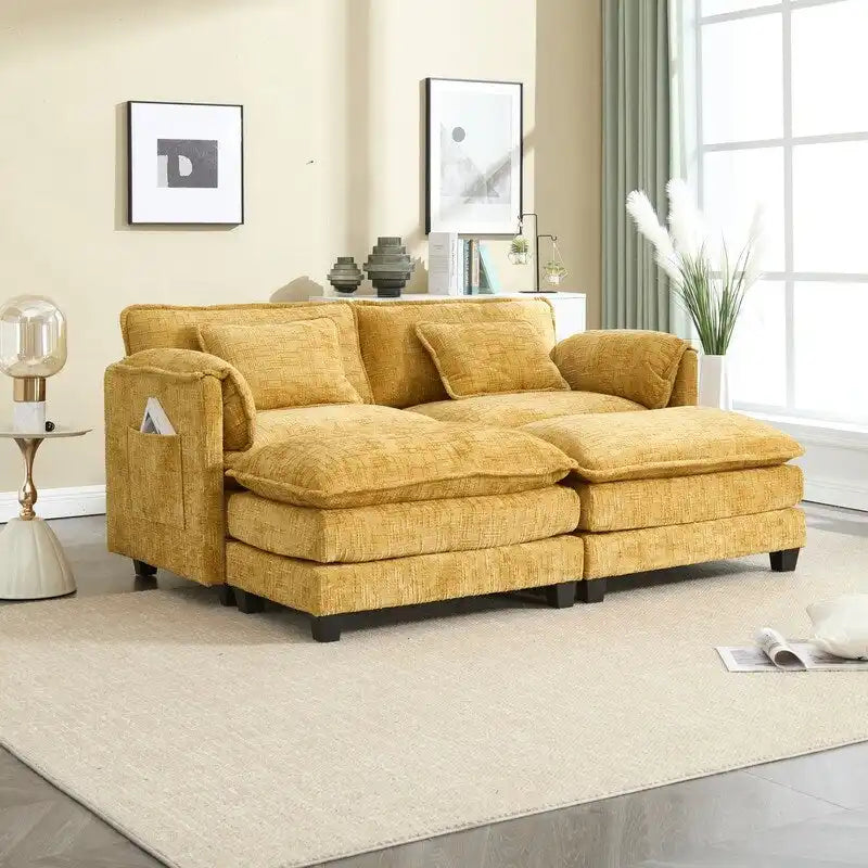 Divano imbottito in ciniglia da 76.77" con 2 pouf