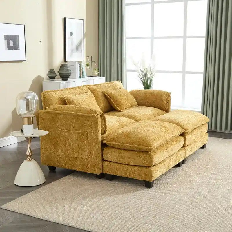 Divano imbottito in ciniglia da 76.77" con 2 pouf