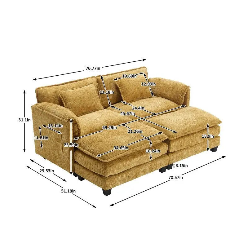 Divano imbottito in ciniglia da 76.77" con 2 pouf