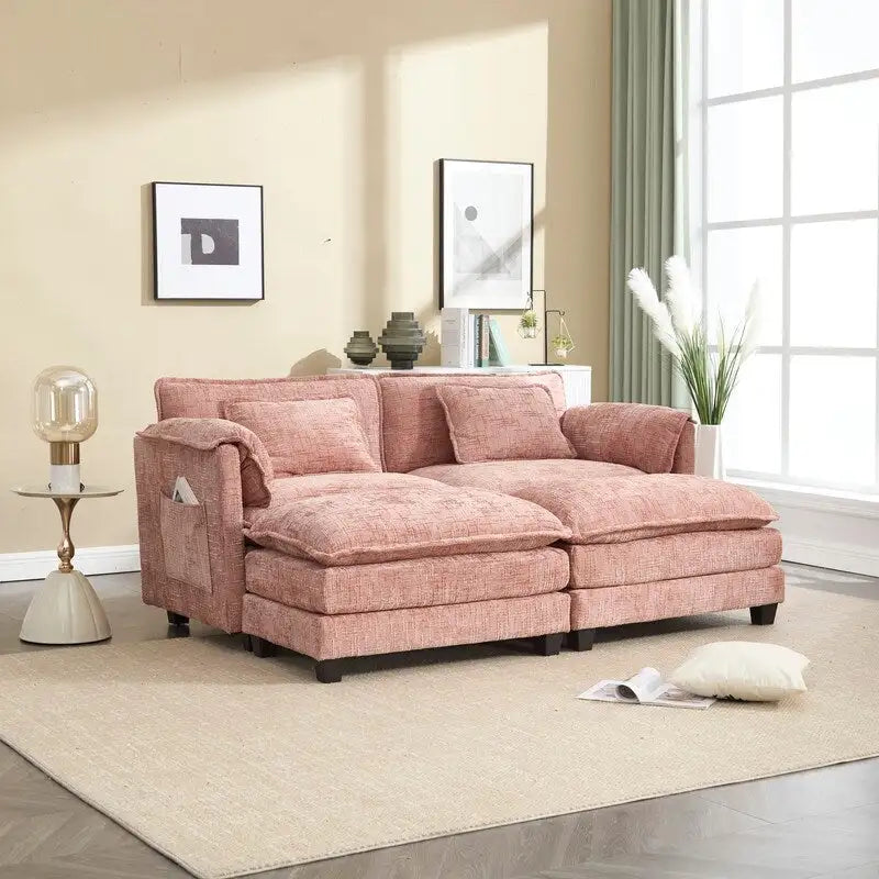 Divano imbottito in ciniglia da 76.77" con 2 pouf
