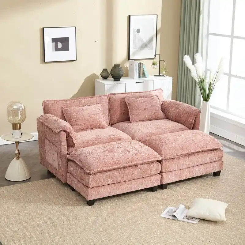 Divano imbottito in ciniglia da 76.77" con 2 pouf