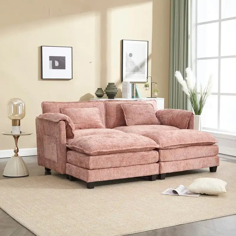 Divano imbottito in ciniglia da 76.77" con 2 pouf