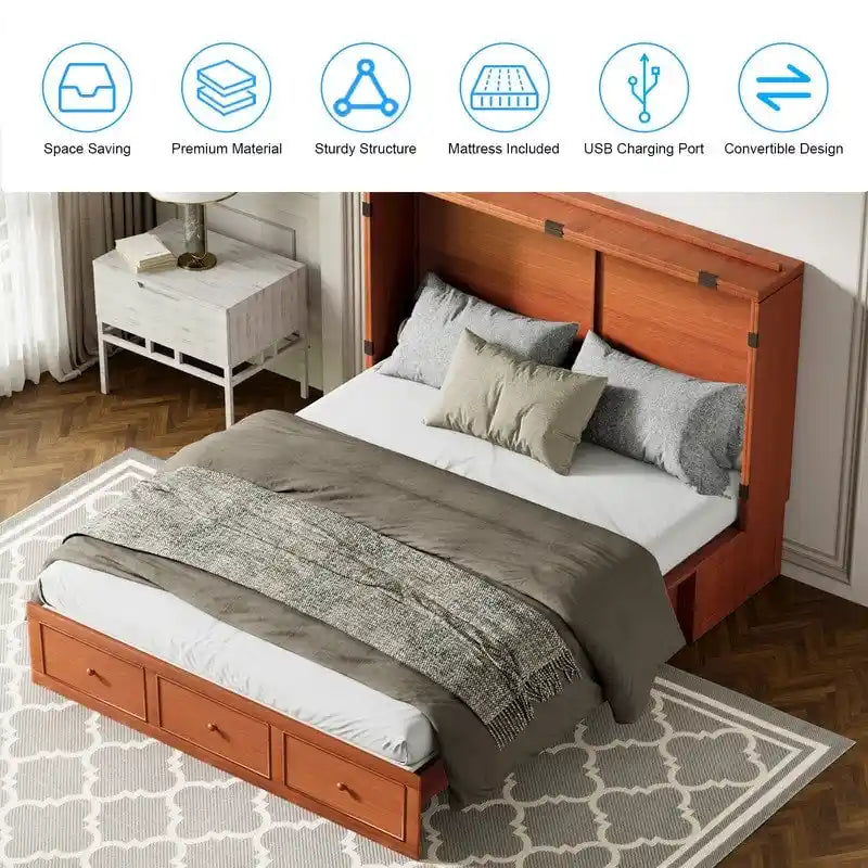 Mixoy Letto a scomparsa con materasso pieghevole, letto a cubo moderno con cassetto portaoggetti e stazione di ricarica USB