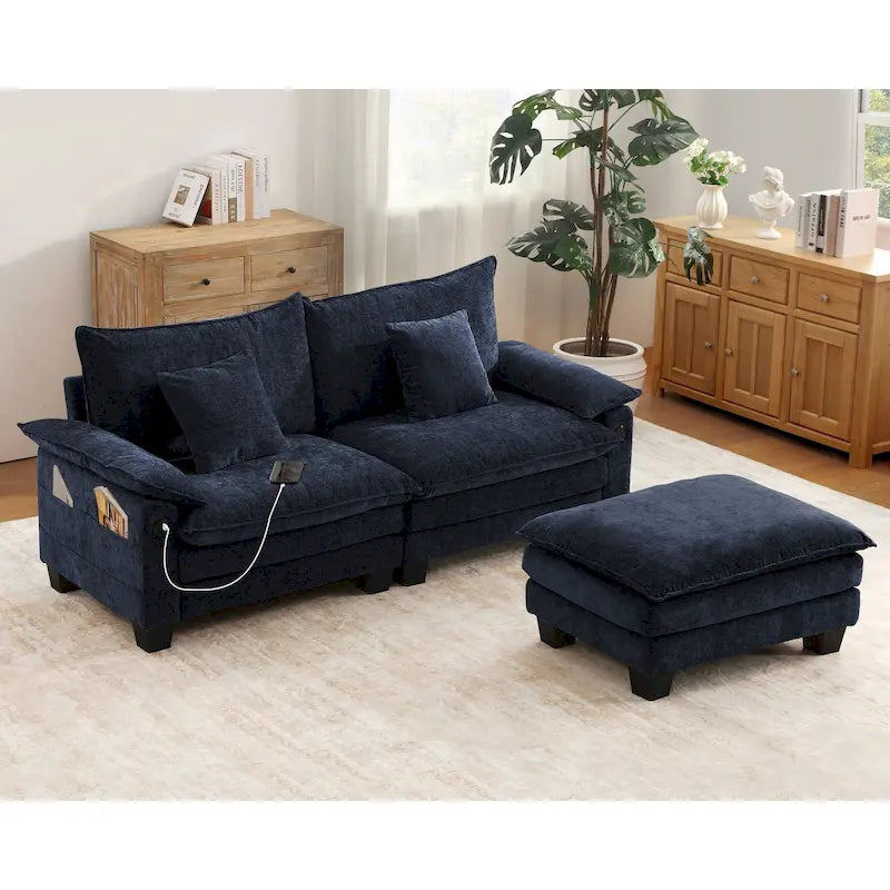 Set di mobili per soggiorno, Set divano componibile modulare con pouf per soggiorno, Divano convertibile