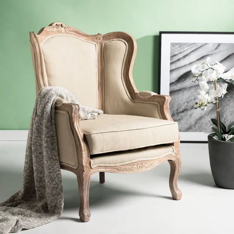 SAFAVIEH Couture Kali Poltrona con orecchioni in lino naturale color rovere - 34Lx34Px40A